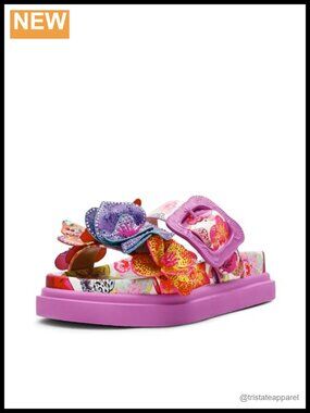 Floral Platform Slide Sandals White Multi Double Strap Slip On